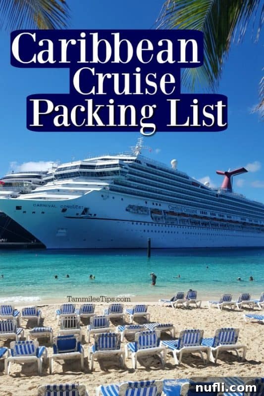 Caribbean Cruise Packing List over a Carnival Cruise Ship seen from a tropical beach with beach chairs. 
