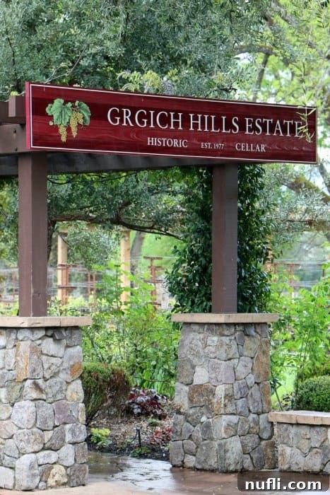 Grgich ills Estate Sign over a walkway 
