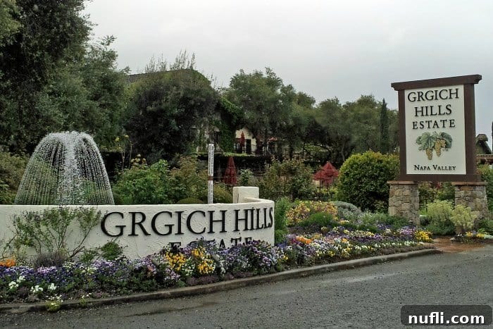 Grgich Hills Estate signs and fountain 