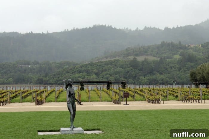 Statue in front of rows of grape vines