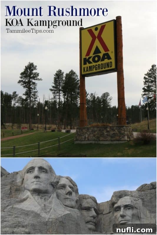 Mount Rushmore KOA Campground entrance with a scenic view of Mount Rushmore in the background, featuring the distinctive KOA sign in the Black Hills, South Dakota
