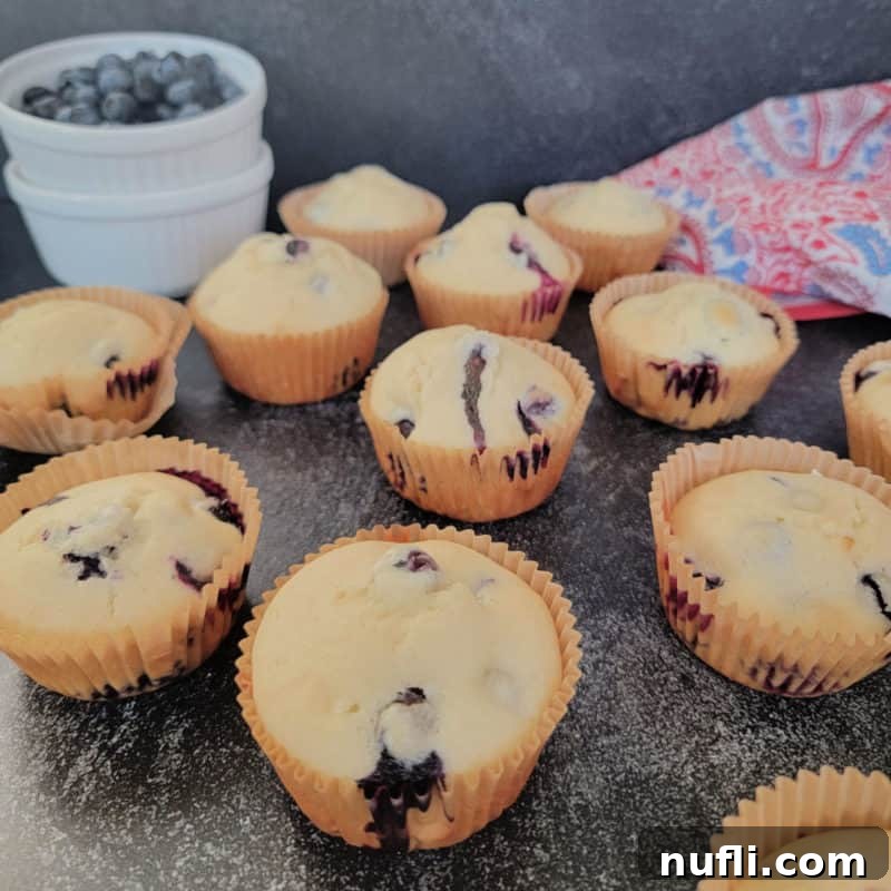 Bisquick Blueberry Muffins by a bowl of blueberries