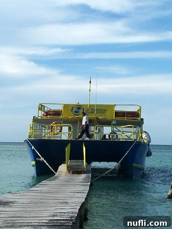 Passion Island Cozumel Power Catamaran Adventure 3 Large power catamaran comfortably docked at a rustic wooden pier on Passion Island