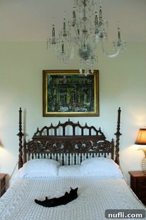 Bedroom with a polydactyl cat asleep on the bed under a sparkling crystal chandelier