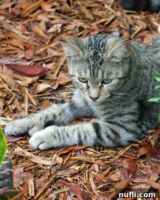 Hemingway cat resting amidst green leaves outside the house