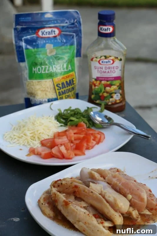 Fresh ingredients for bruschetta pizza: cheese, dressing, tomatoes, chicken breast