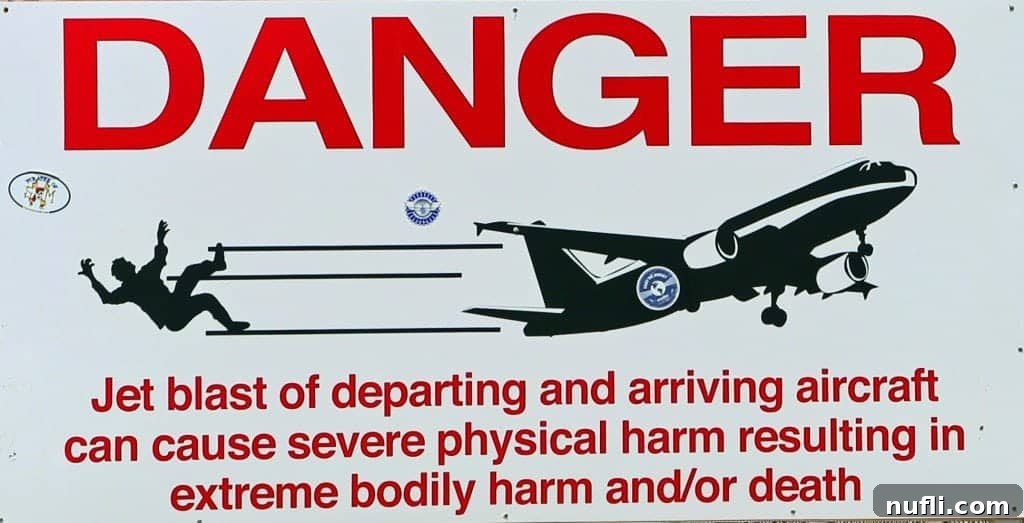 Warning sign for jet blast danger at Maho Beach, St. Maarten