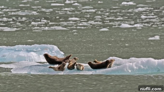 Seals resting on ice floes in Glacier Bay, Alaska