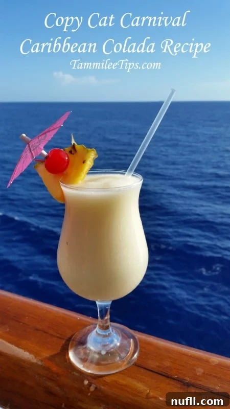 Copy Cat Carnival Caribbean Colada Recipe, a frosty tropical drink in a hurricane glass