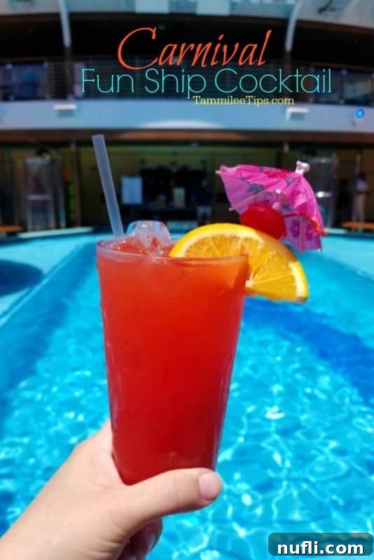 Text 'Carnival Fun Ship' overlaying an image of the red cocktail by a pool, emphasizing the theme