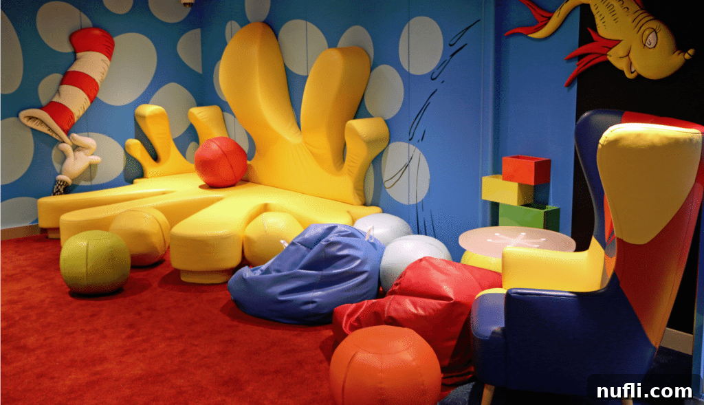 Seuss at Sea Bookville on Carnival Freedom, a whimsical reading area for children