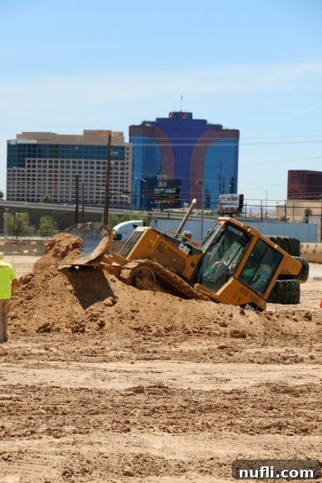 Bulldozer pushing dirt with the Vegas strip in the background