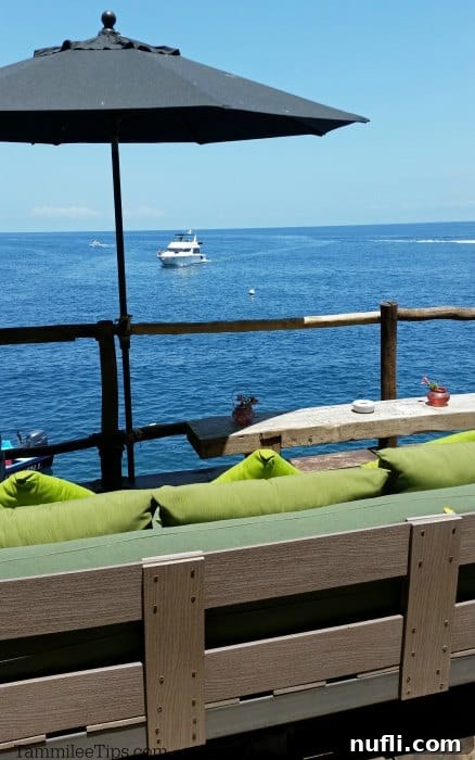 Bench with green cushions and an umbrella looking out to the water