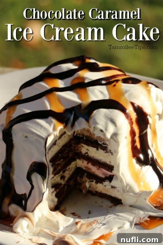 A slice of Chocolate Caramel Ice Cream Cake served on a plate