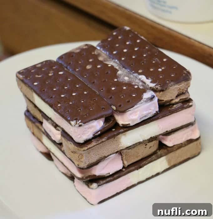 Stacks of ice cream sandwiches on a white plate, ready for layering