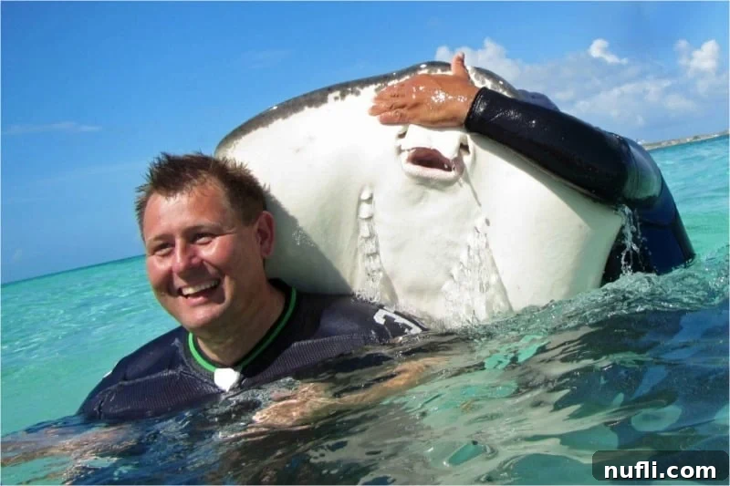 Man smiling while interacting with a friendly stingray in the clear waters of Grand Turk.