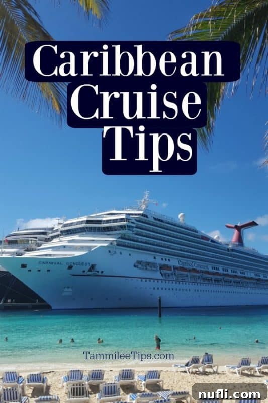 Smart Sailing Your Essential Caribbean Cruise Companion 2 A vibrant Carnival cruise ship docked in a picturesque Caribbean port, with sun loungers on a pristine beach in the foreground, ready for cruise passengers.