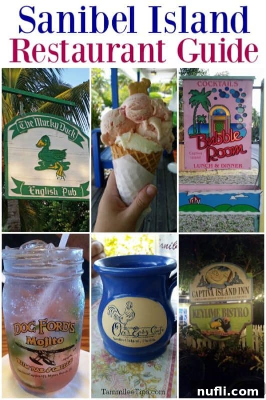 Collage of Sanibel Island restaurants with various dishes and restaurant signs