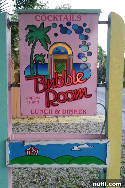 The vibrant, colorful sign for The Bubble Room restaurant on Captiva Island
