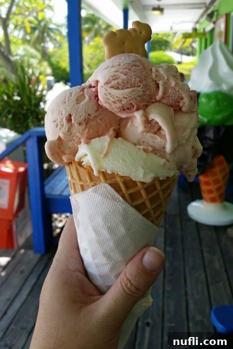 Hand holding a scoop of ice cream topped with a small animal cookie