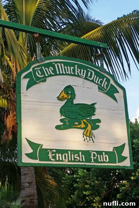 The iconic sign for The Mucky Duck English Pub on Captiva Island