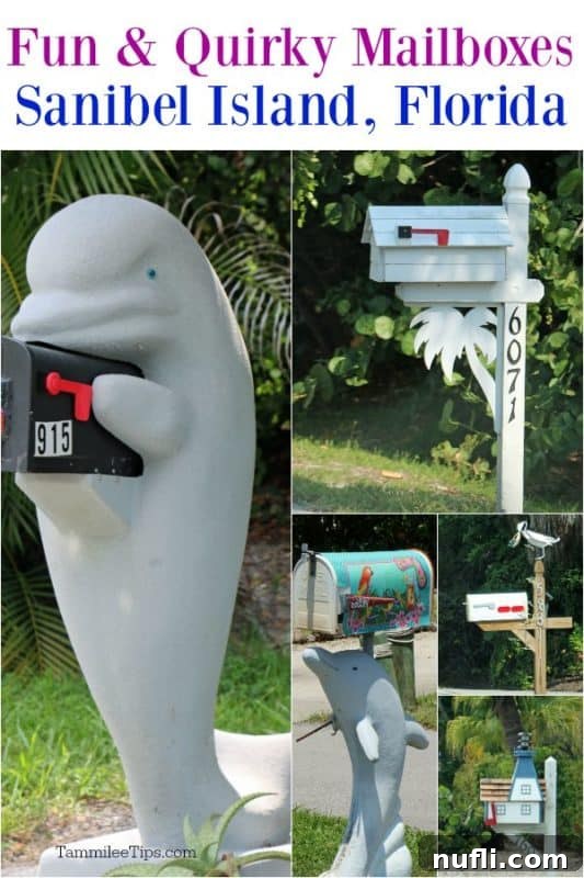 A vibrant collage of unique and quirky mailboxes from Sanibel and Captiva Islands, showcasing themes like manatees, lighthouses, and beach scenes, reflecting the islands' charm.