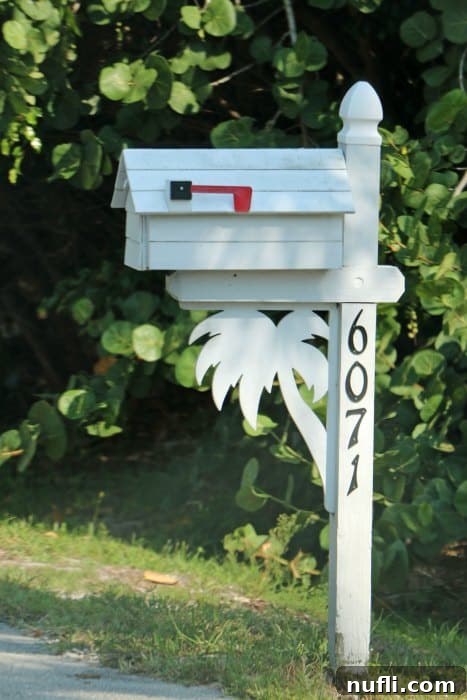 A charming mailbox post artfully integrated with a stylized palm tree, capturing the quintessential tropical essence of Florida's barrier islands.