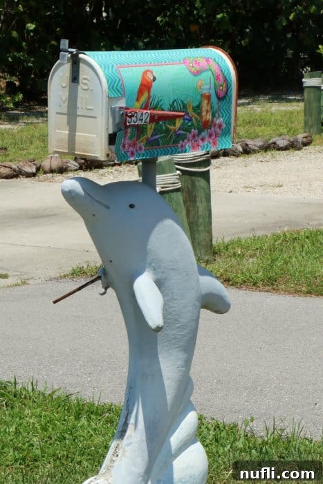 A playful dolphin mailbox, showcasing the marine wildlife frequently sighted around Sanibel and Captiva Islands and reflecting islanders' love for the ocean.