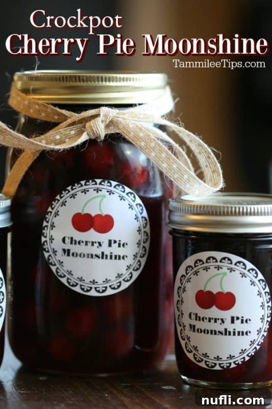 Crockpot Cherry Pie Moonshine over two mason jars with labels and ribbon, ready for gifting.