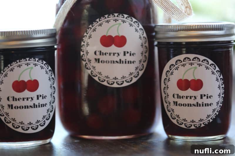 Several Cherry Pie Moonshine jars lined up next to each other, showcasing their readiness for gifting or serving.