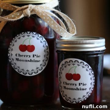 Mason Jars with a sticker saying Cherry Pie Moonshine