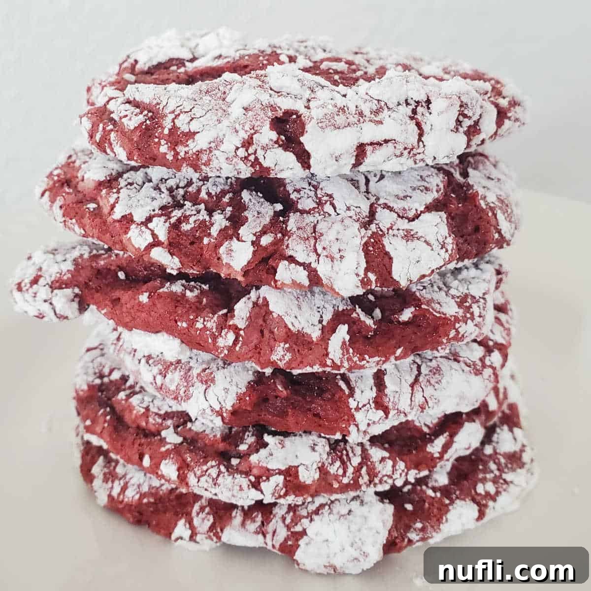 stack of Red Velvet Cake Mix Cookies on a white plate