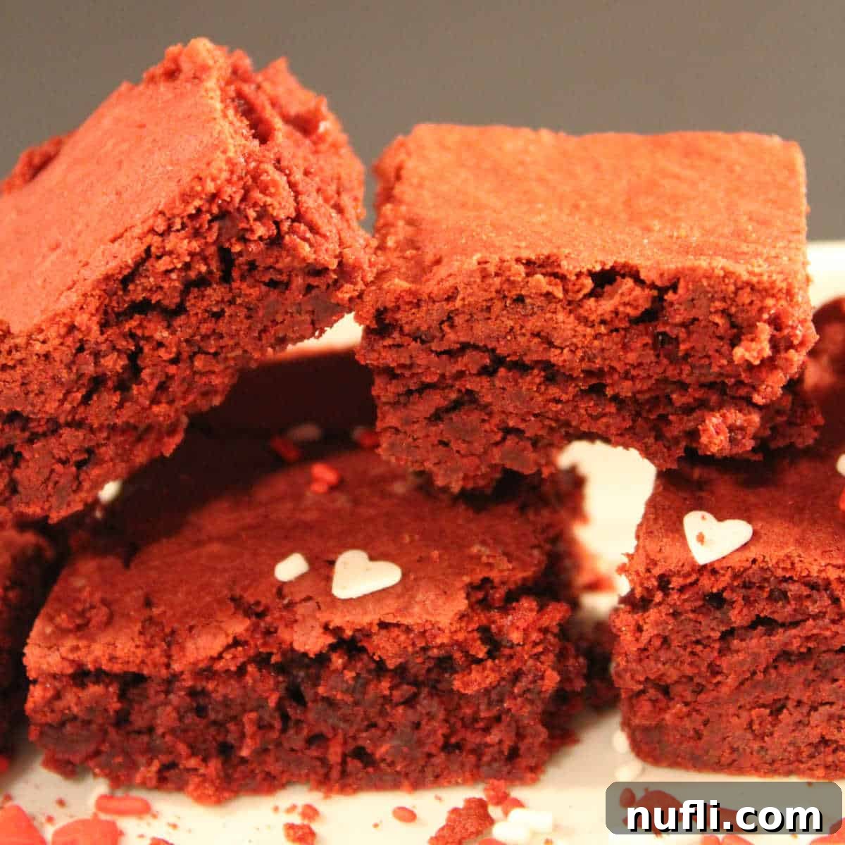 Red Velvet Brownies from Cake Mix stacked on a white plate with heart sprinkles