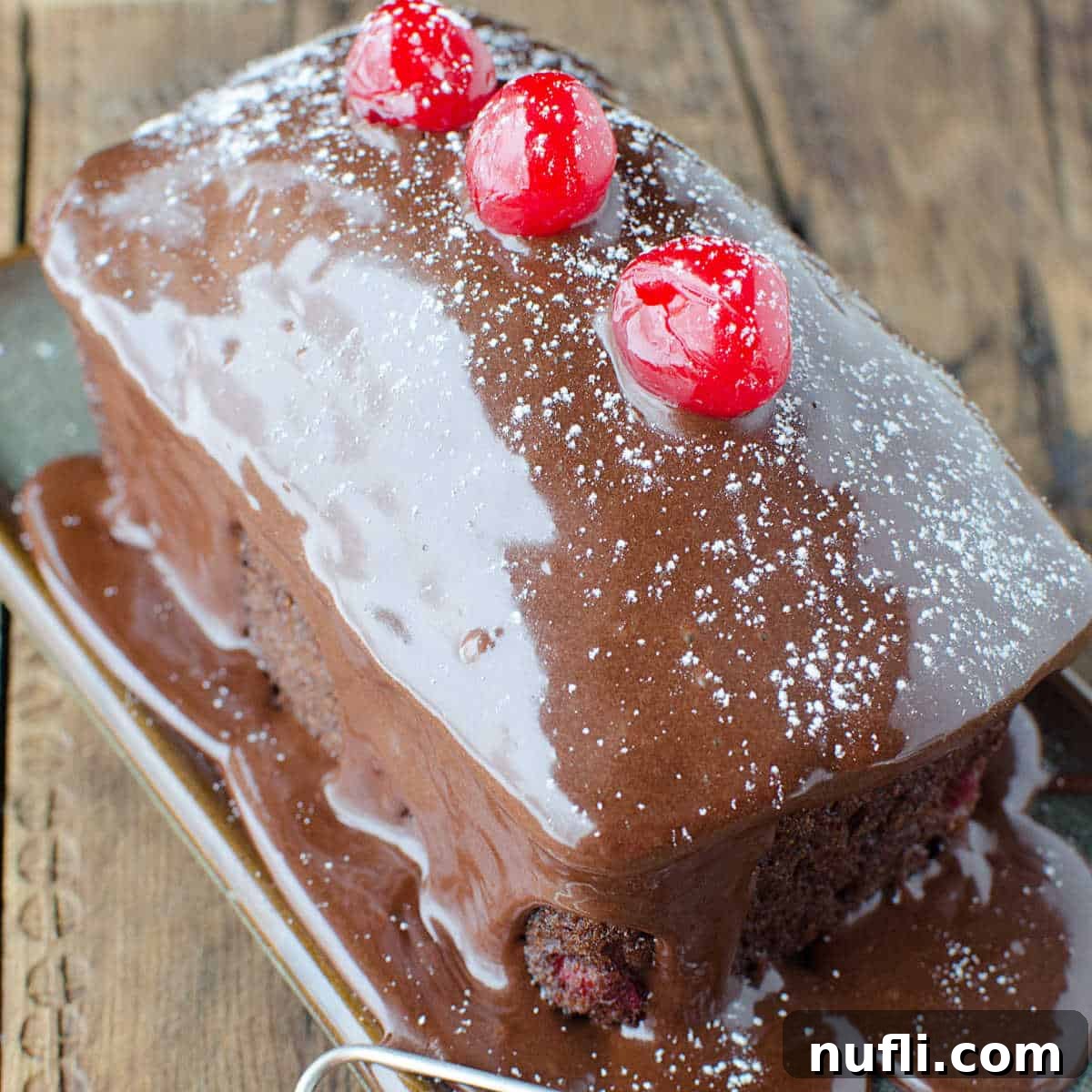 mini black forest cake garnished with maraschino cherries on a small plate