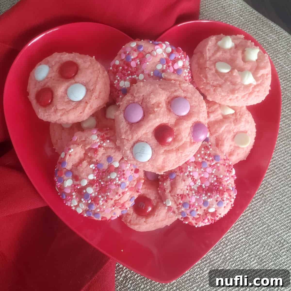 Strawberry cake mix cookies on a red heart plate