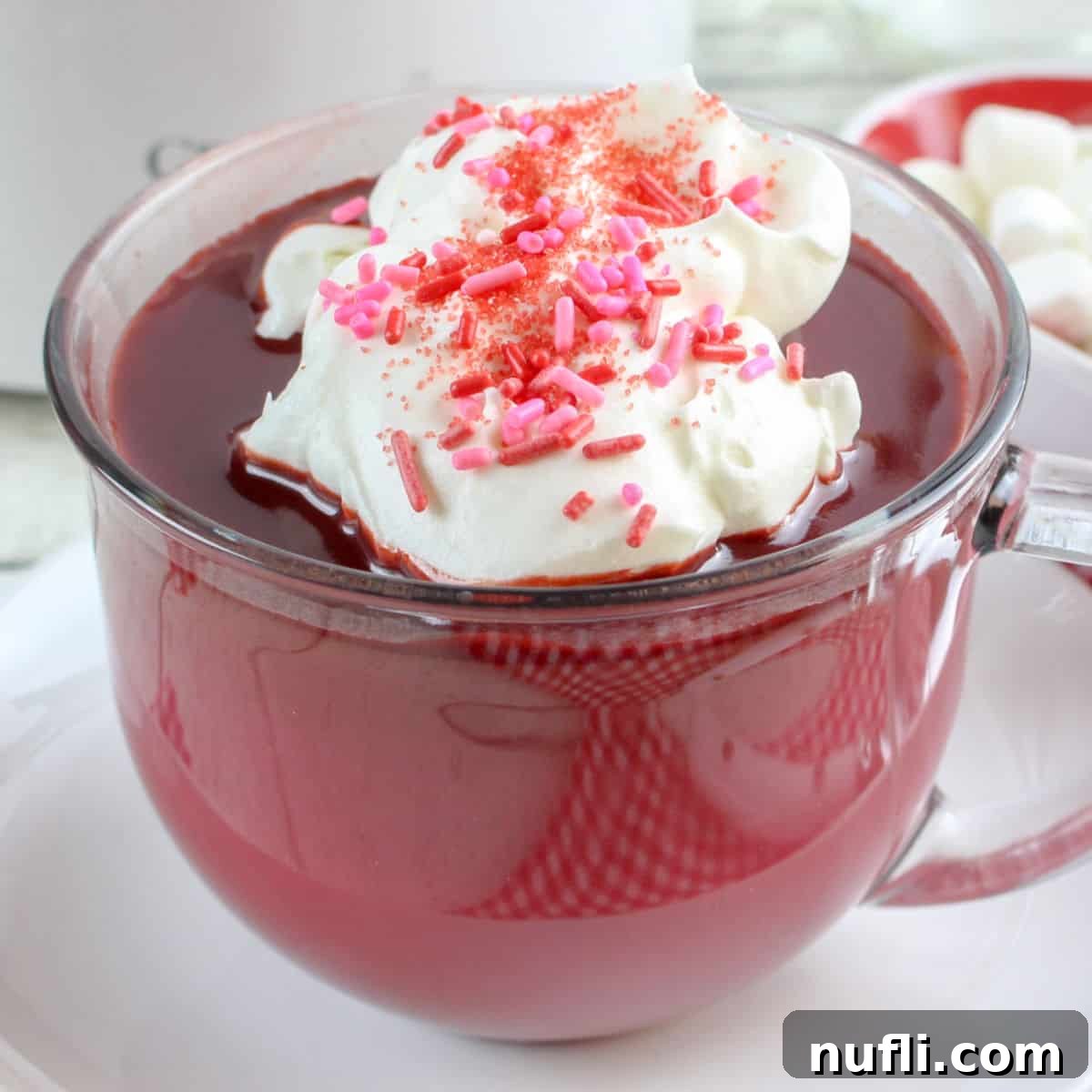 Red Velvet Hot Chocolate in a glass mug topped with whipped cream and pink sprinkles