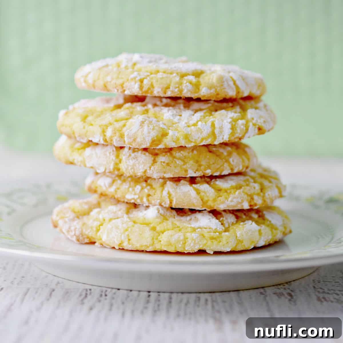 Stack of lemon cake mix cookies on a white plate