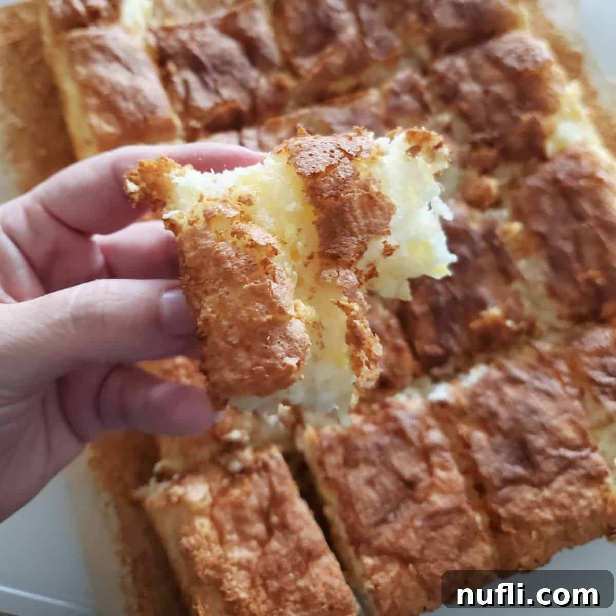 2 ingredient pineapple angel food cake cut into squares with one being held