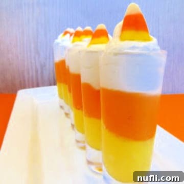 Candy Corn Cheesecake Mousse in small glasses lined on a white platter, inviting for tasting