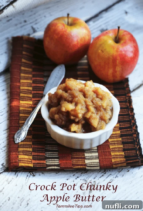 Crock Pot Chunky Apple Butter in a white ramekin next to apples