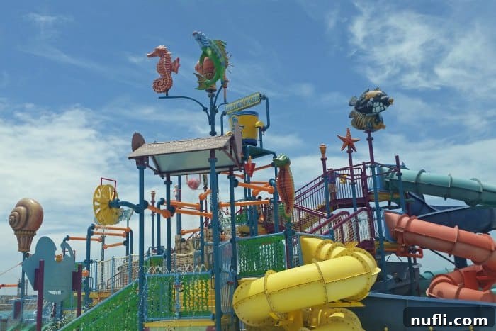 Waterslide with vibrant fish and seahorse designs, part of the De Palm Island waterpark.