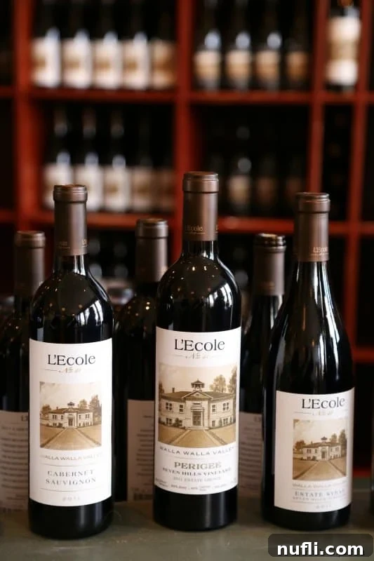 A curated display of L'Ecole Winery's diverse collection of wine bottles, showcasing various varietals and elegant labels, ready for discovery.