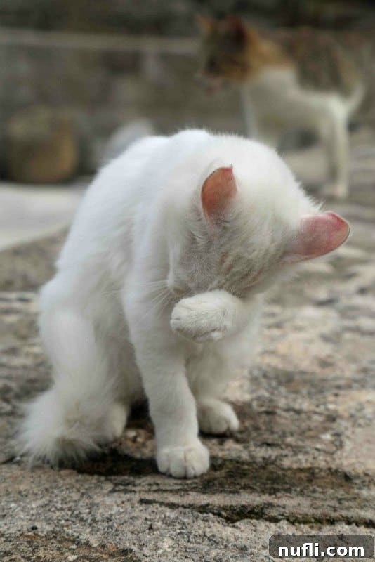 The Whiskered Wanderers of the Aegean 3 A pristine white cat meticulously grooming its paw, a common sight in the tranquil Greek islands.