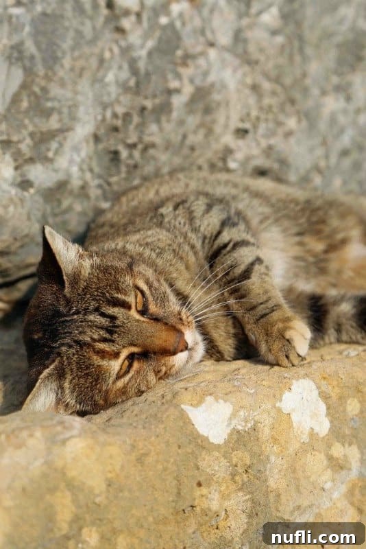 The Whiskered Wanderers of the Aegean 10 A peaceful cat soundly asleep on a warm stone, embodying the tranquil rhythm of Greek life.