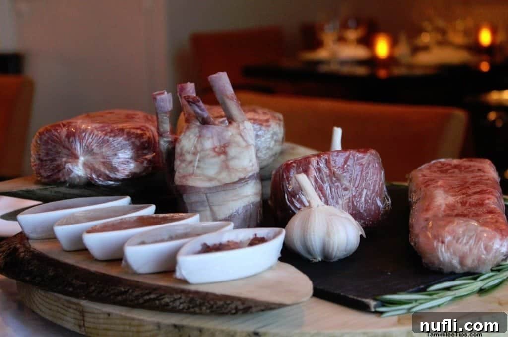 Carnival Sunshine Dining Guide 5 Steaks and salts on a board at Fahrenheit 555 Steakhouse