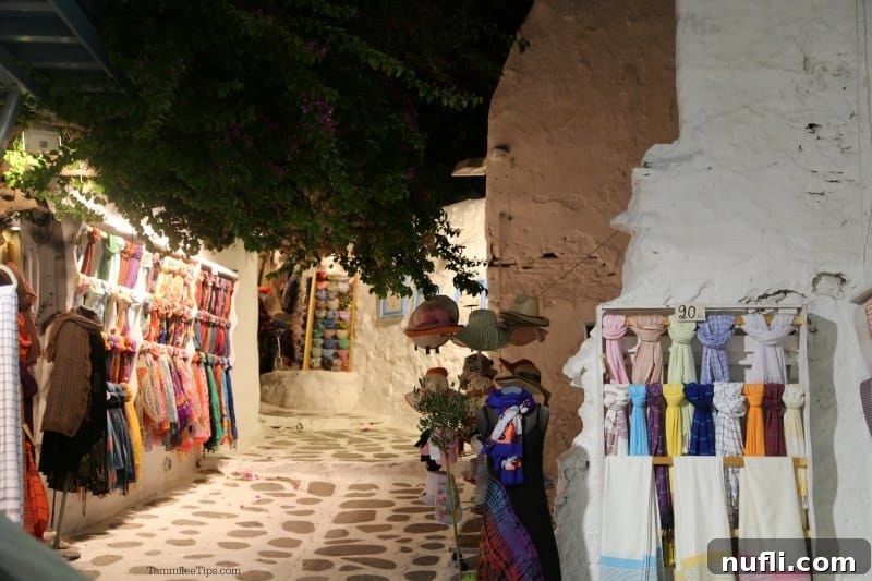 Shops lining the paths in Mykonos