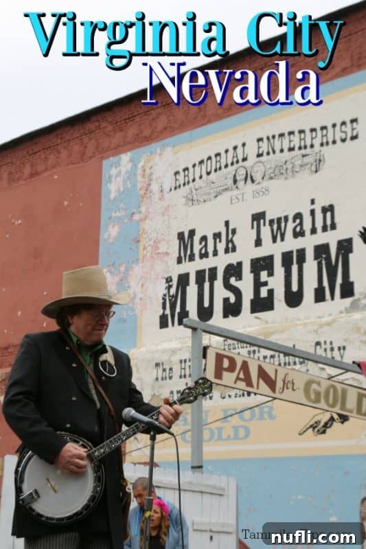A person playing a banjo in front of historic buildings in Virginia City, Nevada, capturing the old west atmosphere.