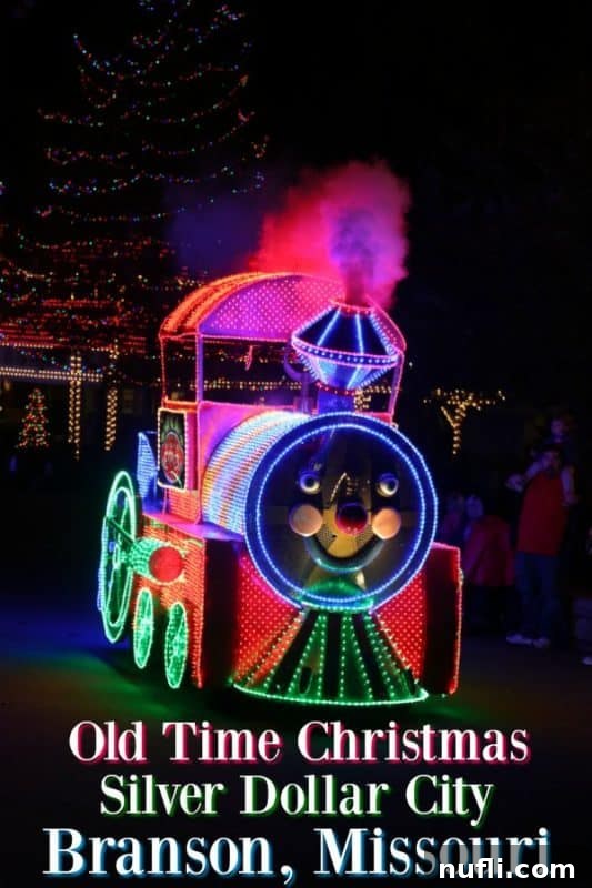 Old Time Christmas Silver Dollar City below a light up train engine