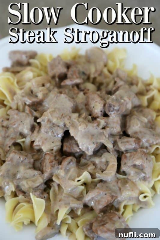 Slow cooker steak stroganoff over egg noodles on a white plate