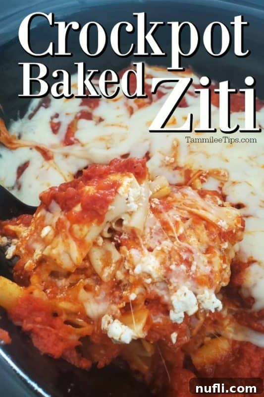 Effortless Crock Pot Baked Ziti 2 Crockpot Baked ziti over a spoon scooping pasta and cheese
